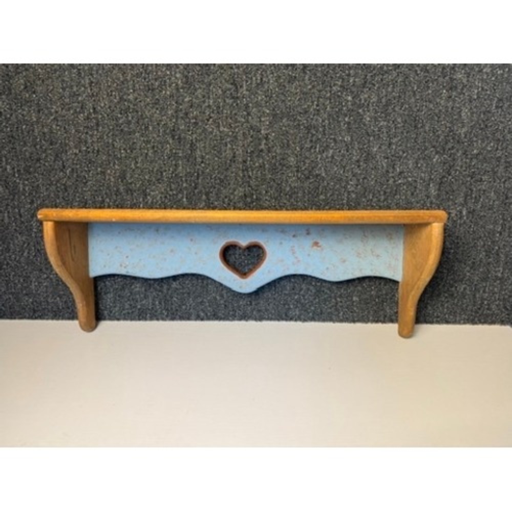 Vintage Wood Heart Cutout Wall Shelf Blue Distressed Country Cottagecore GUC
